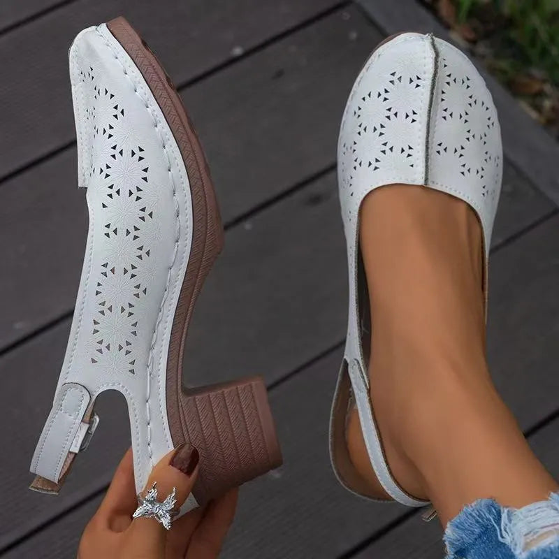 Women's closed toe wedge sandals in black, creamy-white, wine red, blue, and brown colours