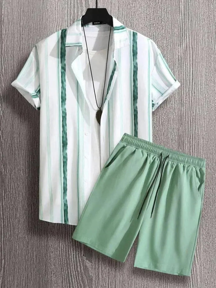 Men's light blue beach style short sleeve shirt and matching shorts casual outfit set