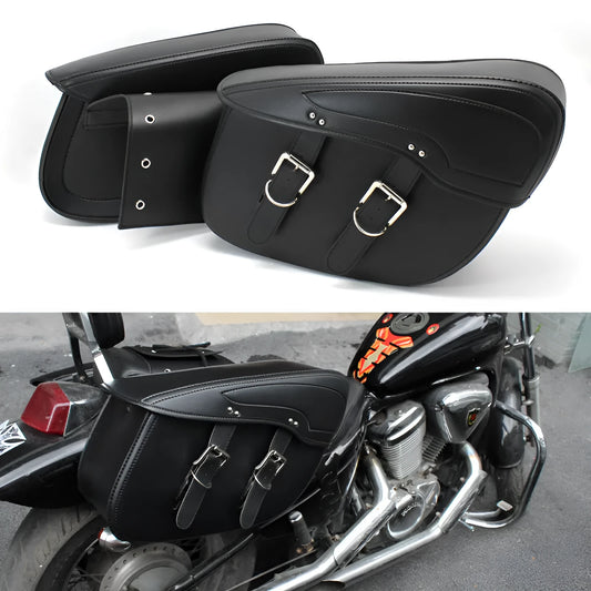 Retro-style black PU leather motorcycle side box mounted on a bike rail.