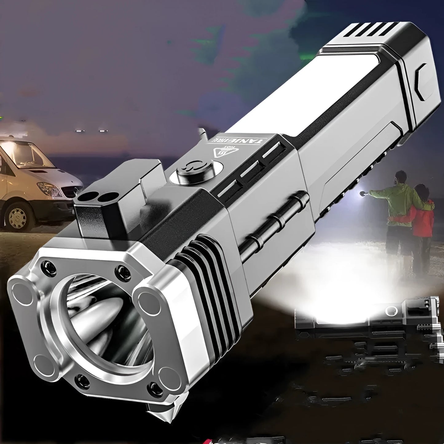 Silver portable LED flashlight with power bank functionality and IP44 water resistance rating