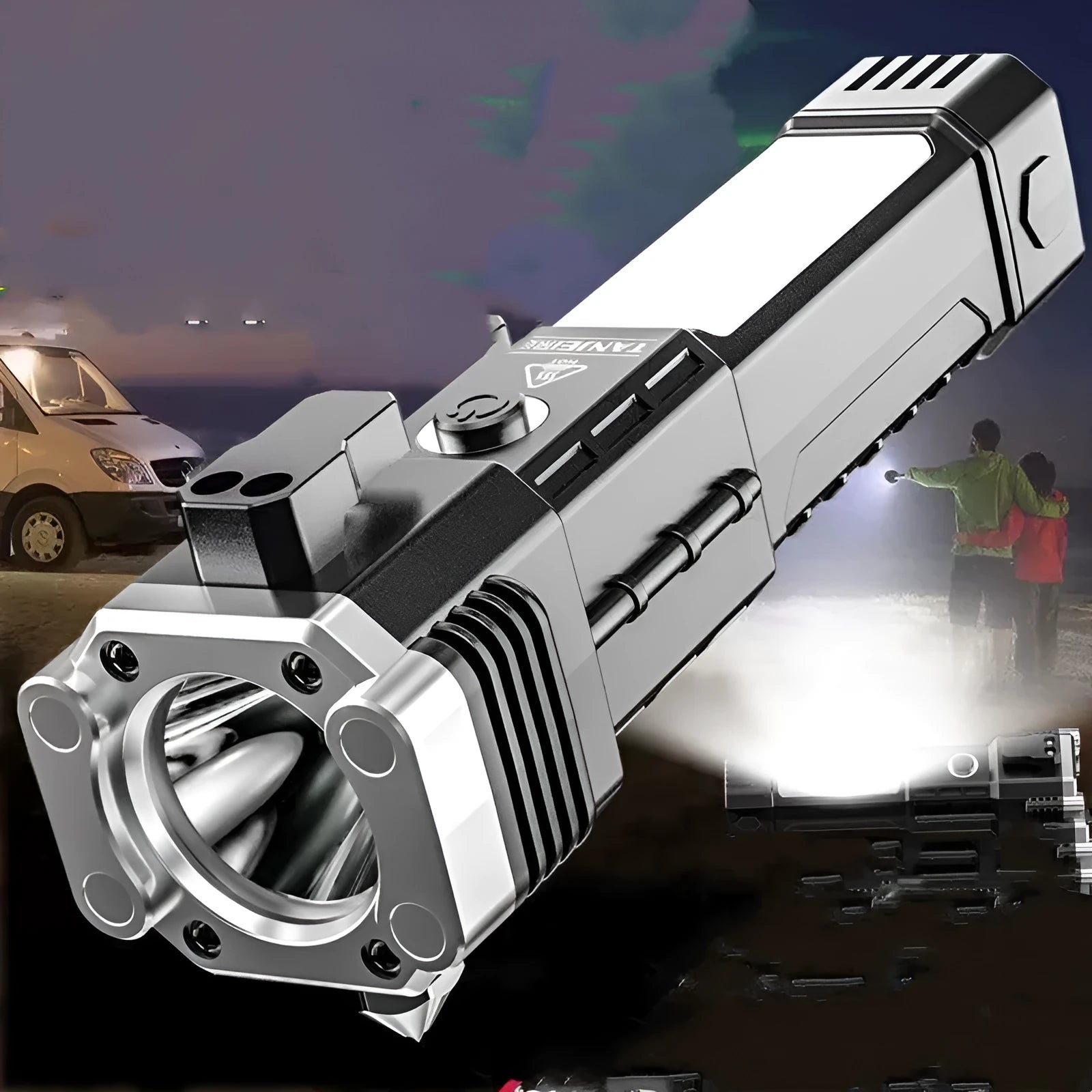 Silver portable LED flashlight with power bank functionality and IP44 water resistance rating