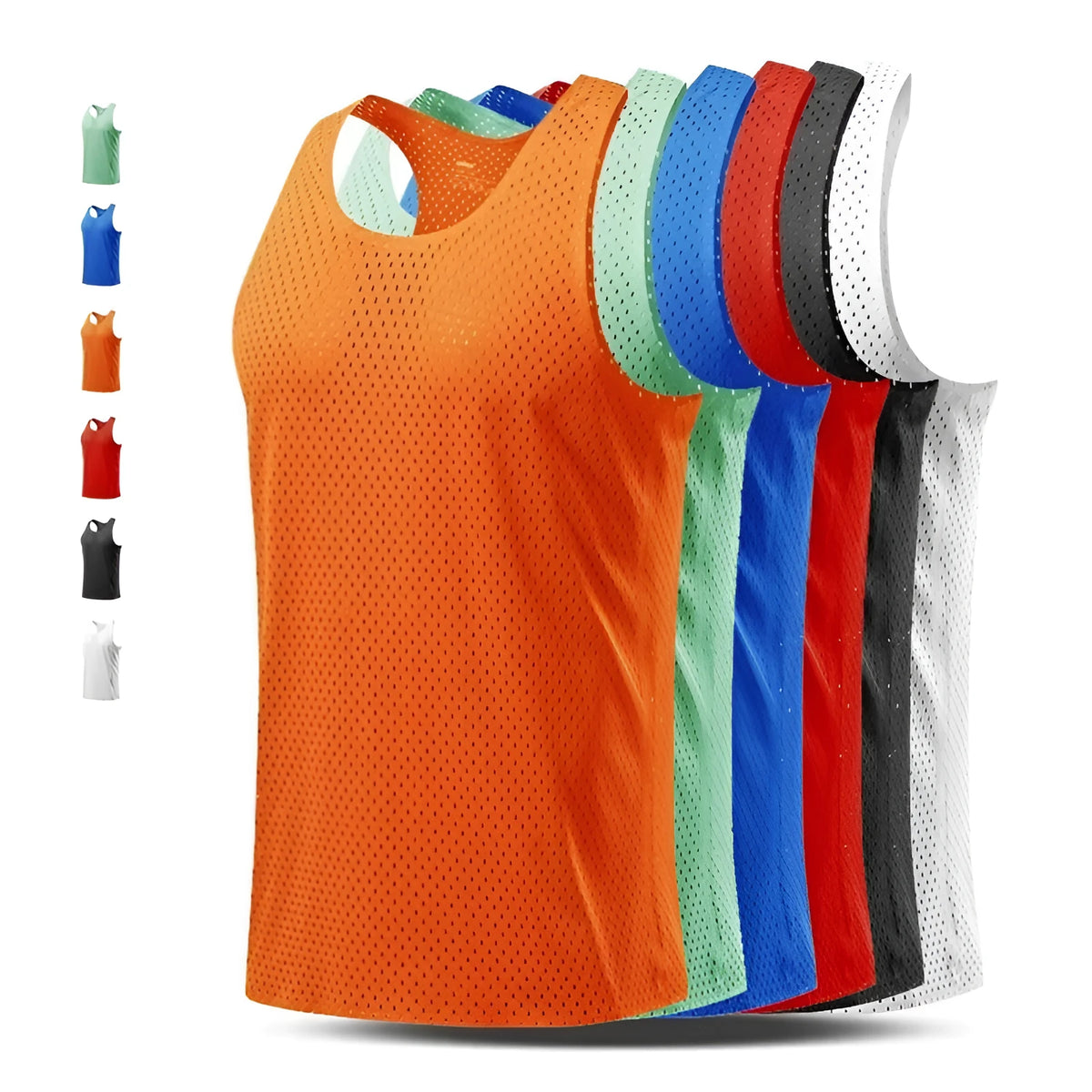 Men's solid colour quick-dry sleeveless sports vest in polyester on a neutral background.