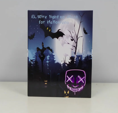 Black V-shaped electroluminescent Halloween mask glowing with uniform illumination, showing folding capability and plastic construction
