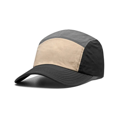 Men's khaki baseball cap with curved brim showing five-panel construction and adjustable strap