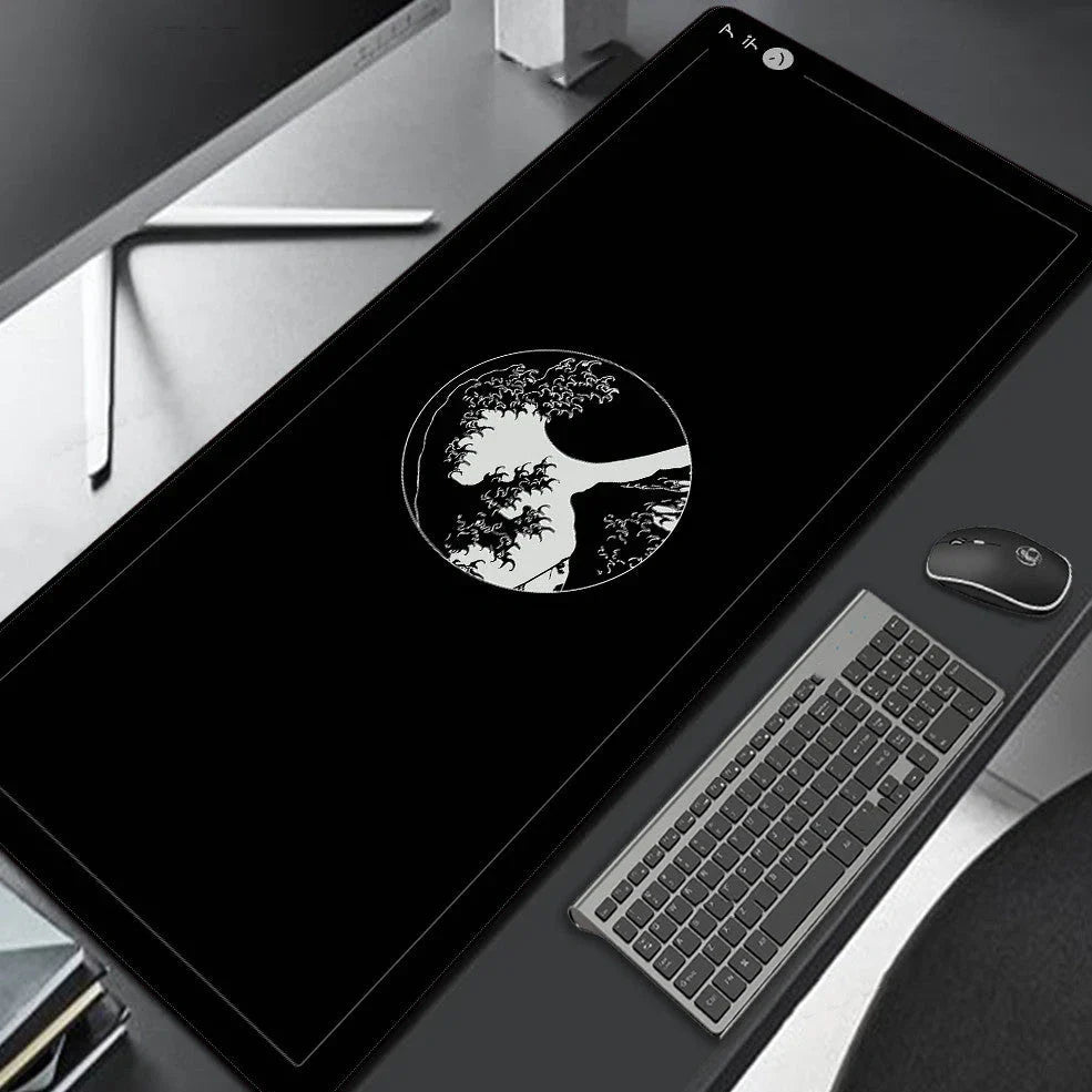 Extended mechanical keyboard mouse pad with heat transfer surface showing dimensions from 300x600mm to 400x900mm