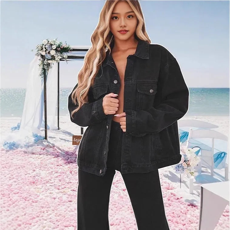 Women's black cotton denim jacket top with long sleeves and loose fit, sizes S to 2XL