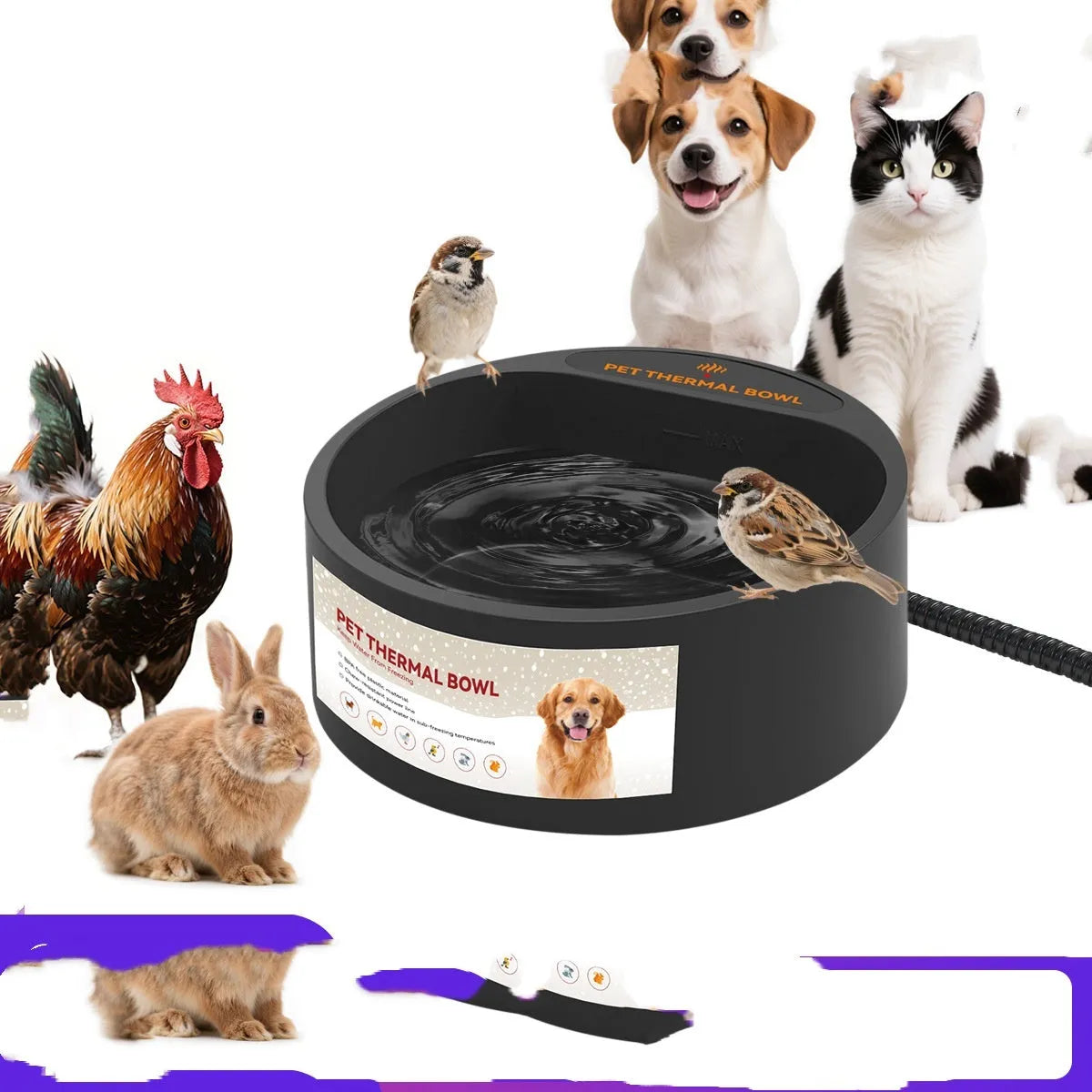 Black ABS pet heating bowl with 2.2L capacity and 35W temperature control for cat and dog food