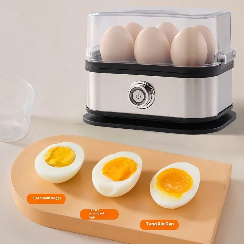 Black stainless steel portable egg boiler with power cord and international adapters for American, European, British standards
