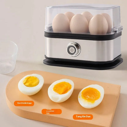Black stainless steel portable egg boiler with power cord and international adapters for American, European, British standards
