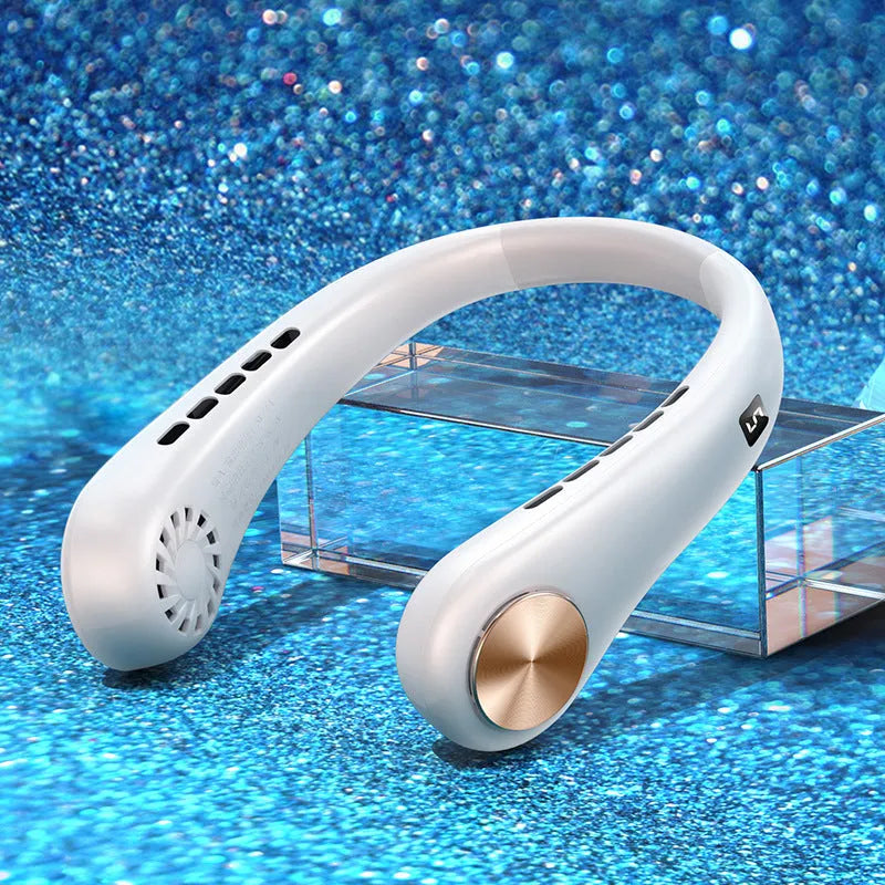 White bladeless hanging neck fan worn around a person's neck showing its snake-like shape and annular air outlet.