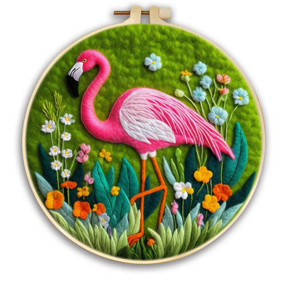 Round fabric embroidery kit with 20x20cm linen frame and wool felt for three-dimensional floral artwork