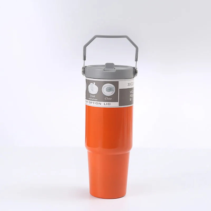 30 oz stainless steel insulated travel tumbler with handle cover in dark pink colour