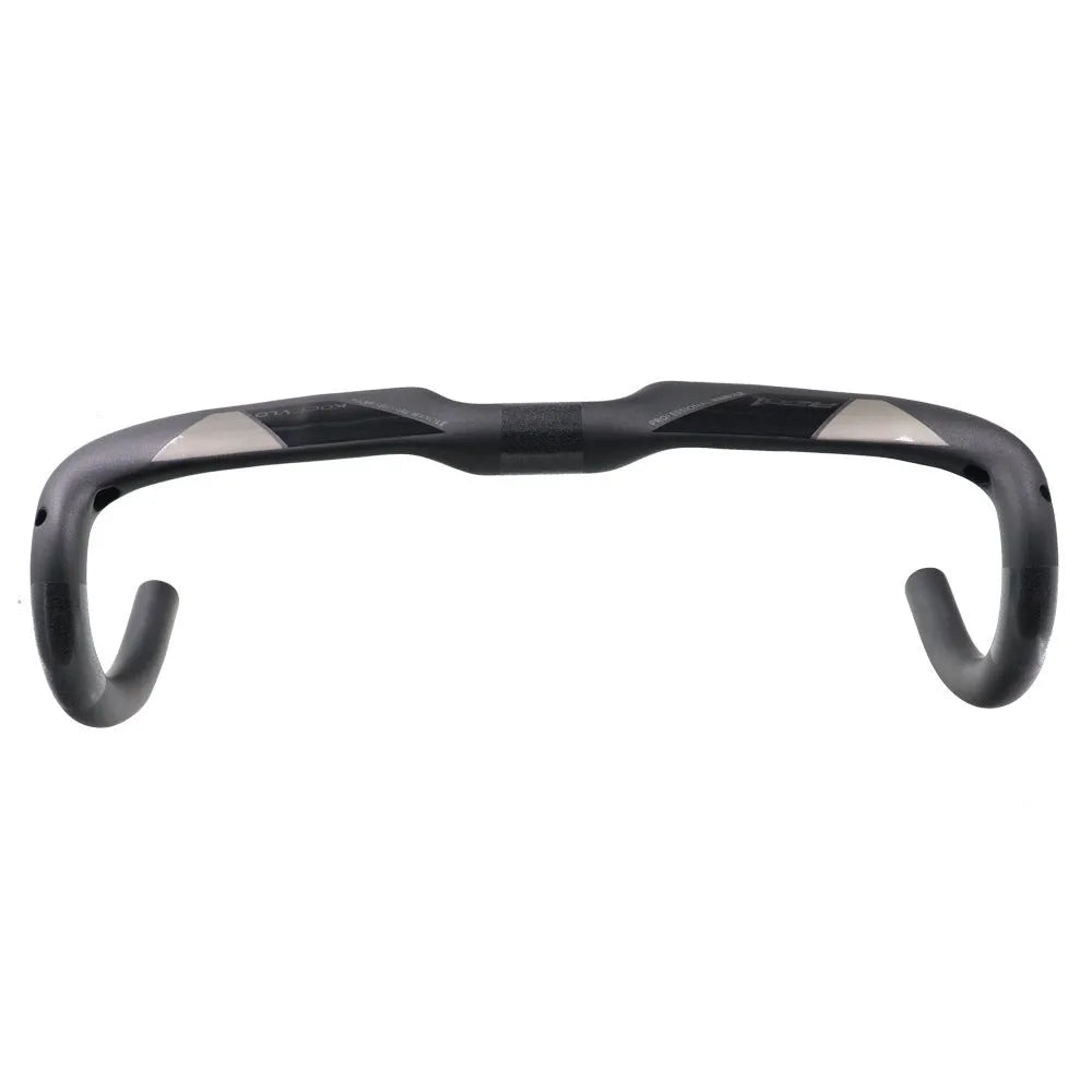 Matte black carbon fibre road bike drop handlebar showing bent shape.