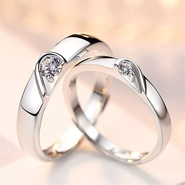 Silver heart diamond ring for couples, electroplated copper with romantic design