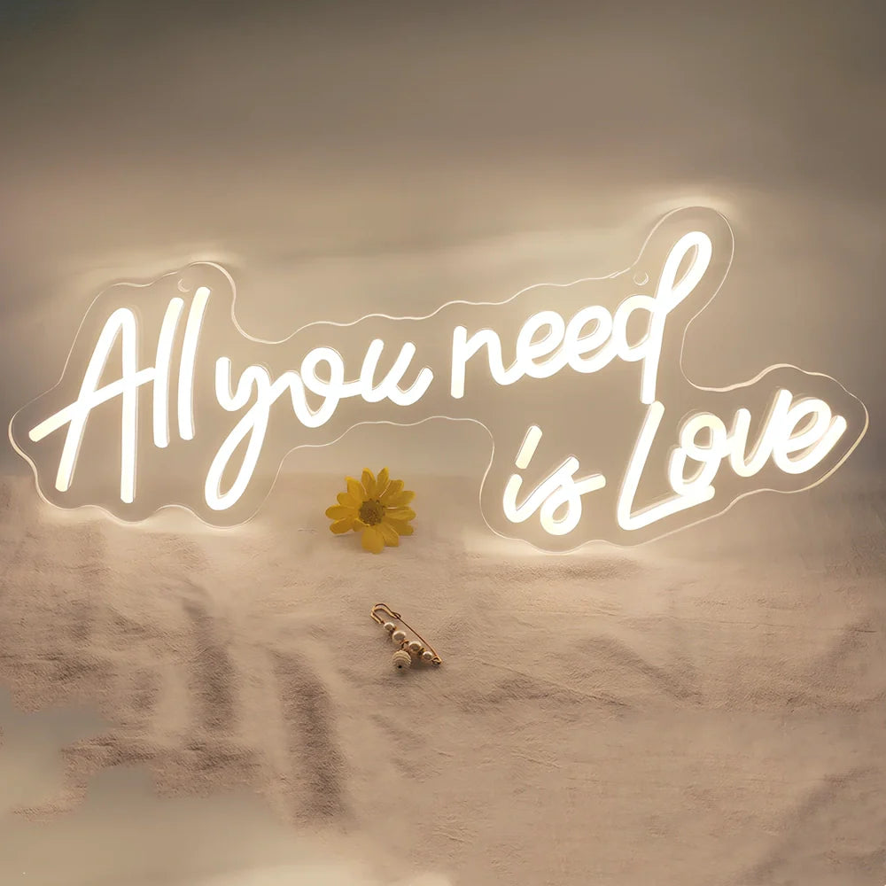 LED neon bedroom sign with warm white lighting measuring 580x230mm with acrylic housing