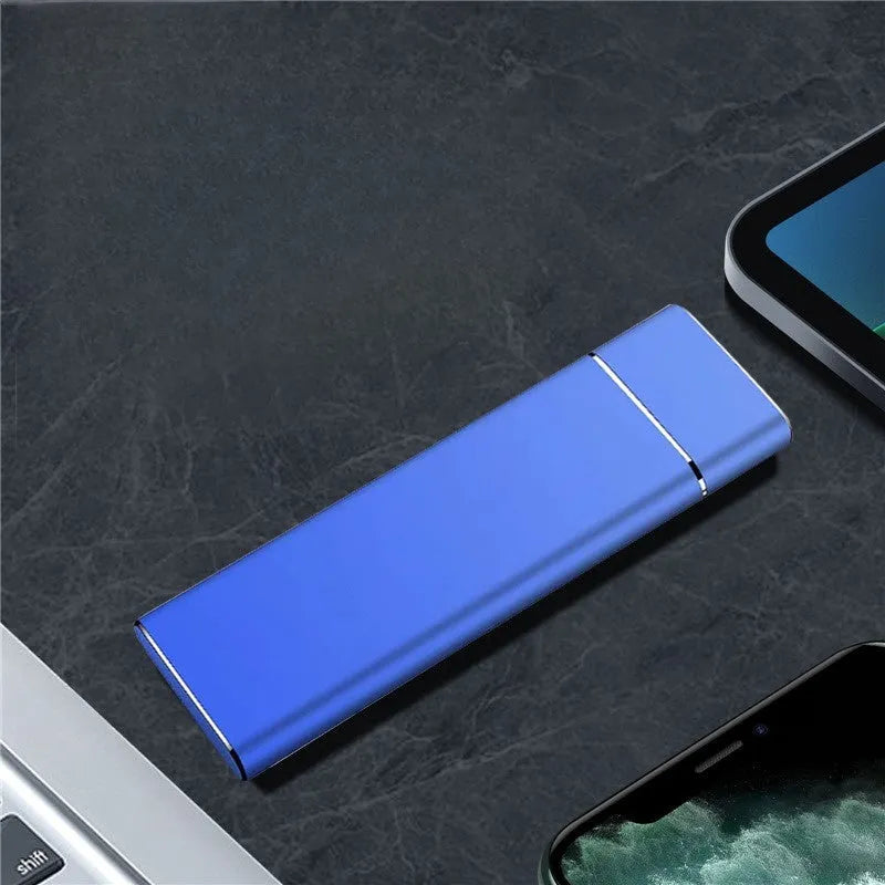 Sapphire blue portable solid state hard drive with metal case measuring 10.3cm