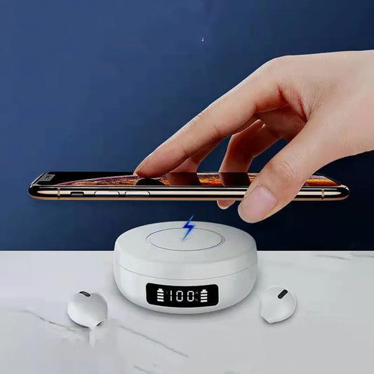 Mini small semi-in-ear wireless headphones with charging compartment, showing black and white colour options