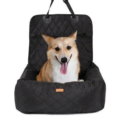 Folding pet carrier with black 900D nylon exterior and waterproof base for car seats