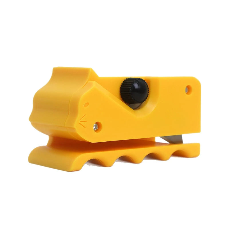 Corrugated paper cat scratch board cutting knife tool for craft cardboard scoring and shaping, made from injection-moulded ABS plastic in cartoon cat shape, available in black, red, blue, and yellow colours.