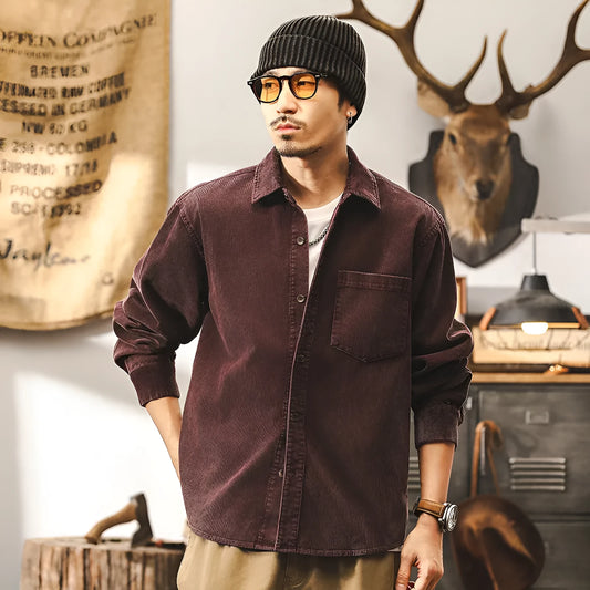 Men's red corduroy shirt jacket with loose fit and long sleeves