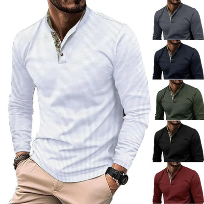 Premium long-sleeve polo shirt in various colors and sizes, featuring a unique double-layer lapel design and soft, breathable waffle fabric for a sophisticated, casual look.