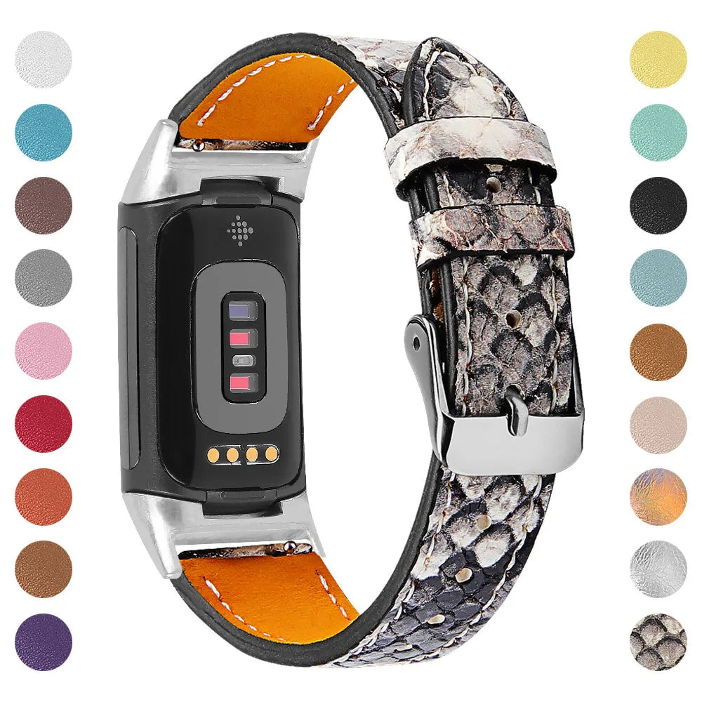 Genuine leather strap for Fitbit charge5 and charge6 in selected colour with adjustable buckle showing 5.5-8.1 inch length