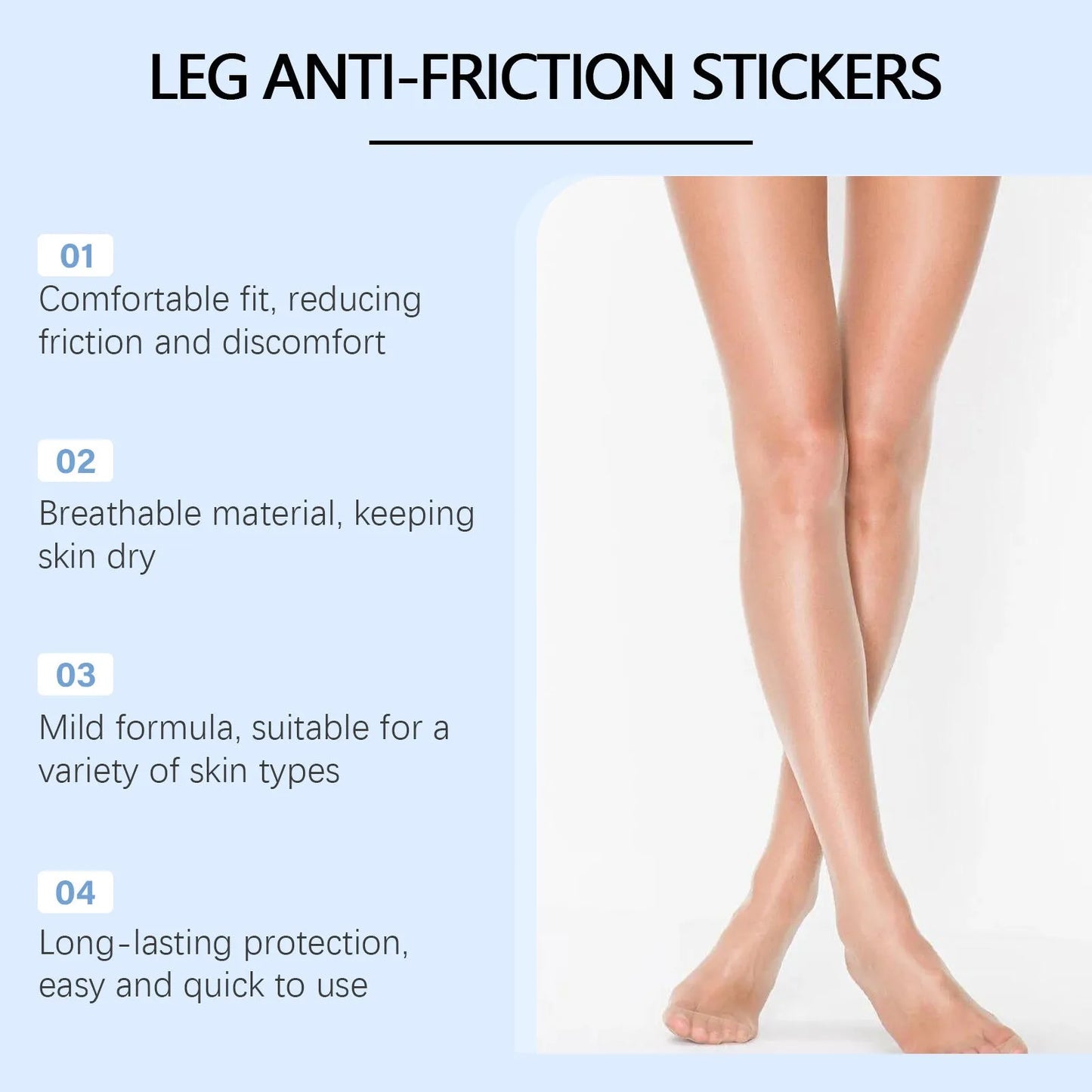 Pack of 10 leg anti-wear adhesive patches for preventing thigh chafing.