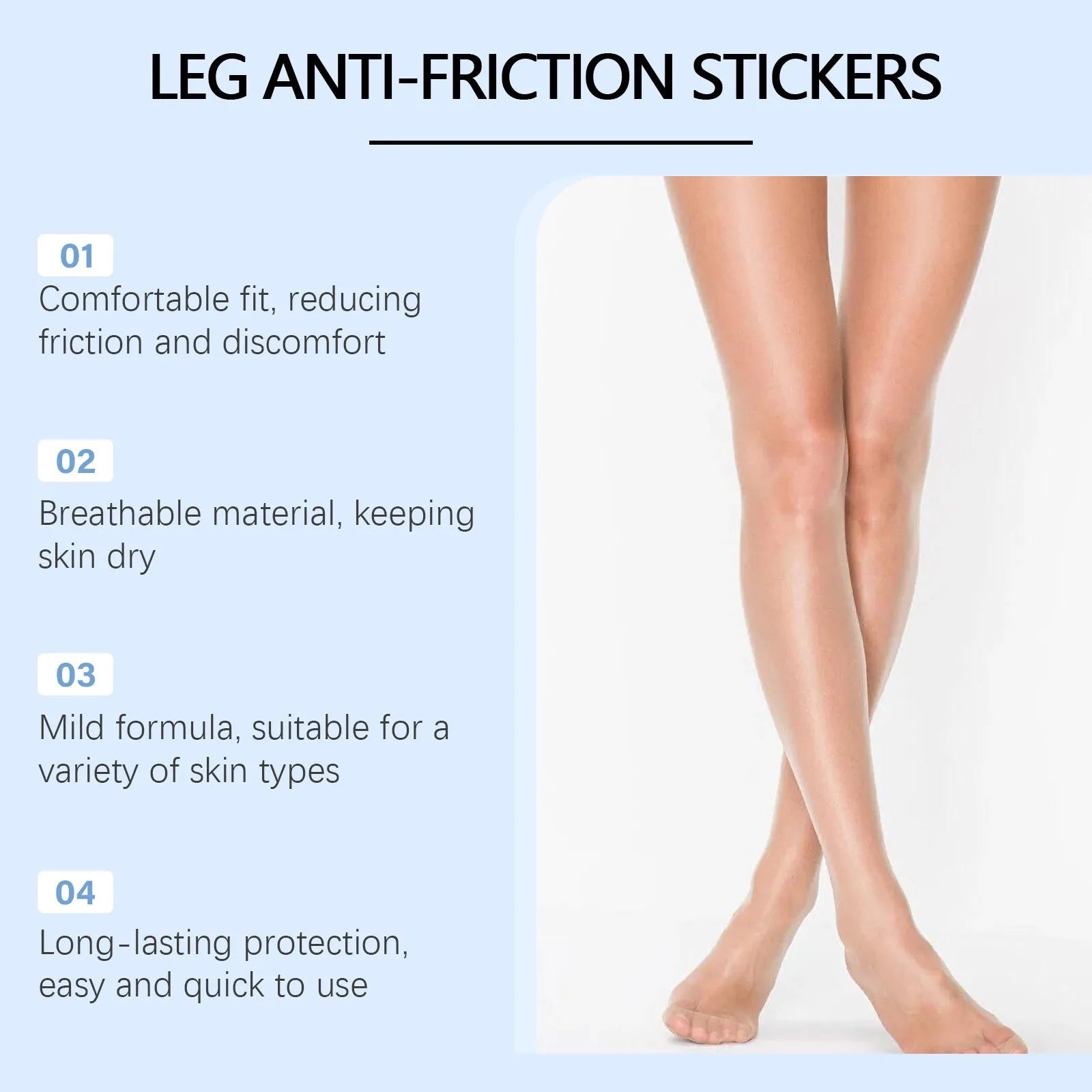 Pack of 10 leg anti-wear adhesive patches for preventing thigh chafing.