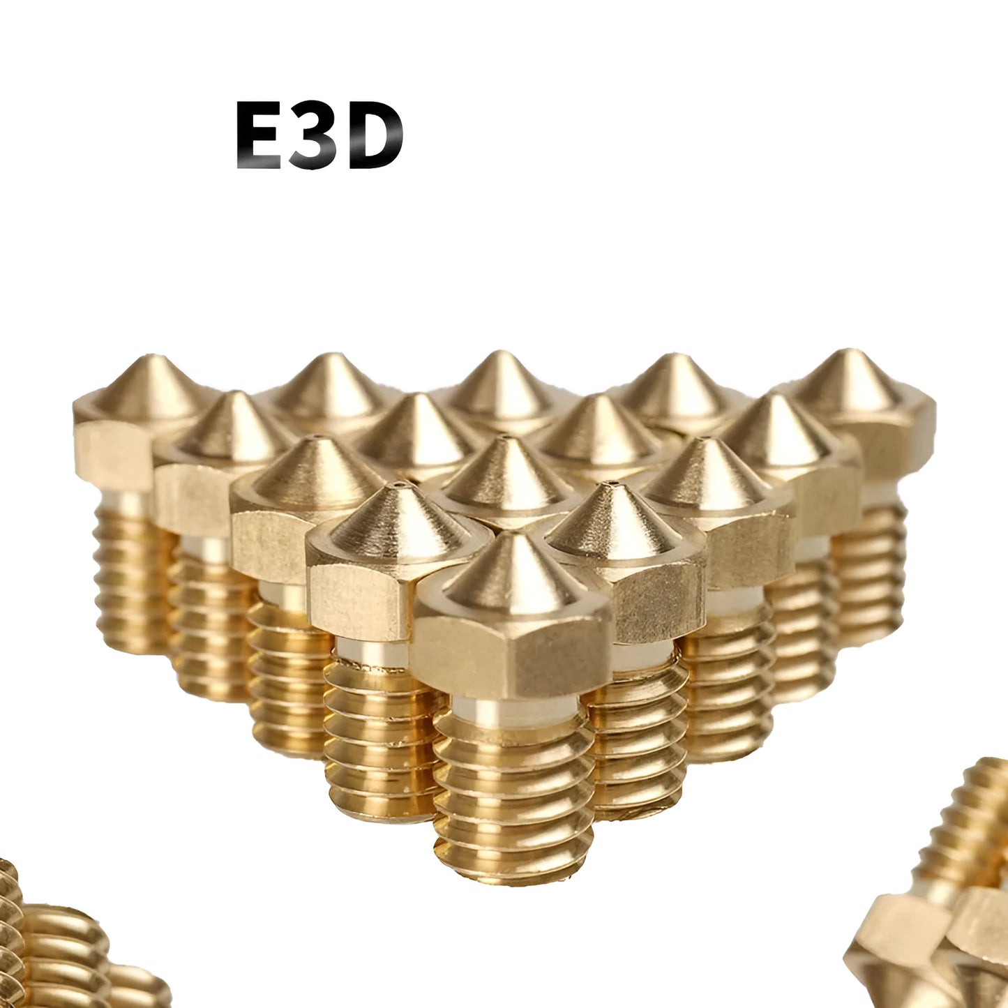 Brass 3D printer nozzle with M6 thread showing different outlet aperture sizes on a white background.
