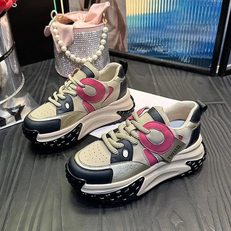 Thick-soled leather sports casual shoes with wedge heel in silver, carmine, black coffee, and black and white colours, front lace-up design