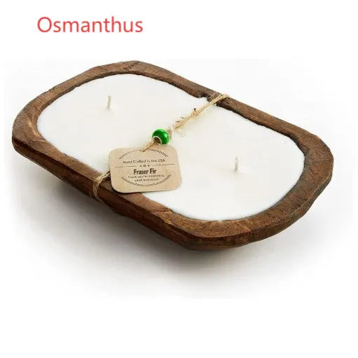 Retro wooden basin containing a lavender-scented soy wax candle with three visible wicks.