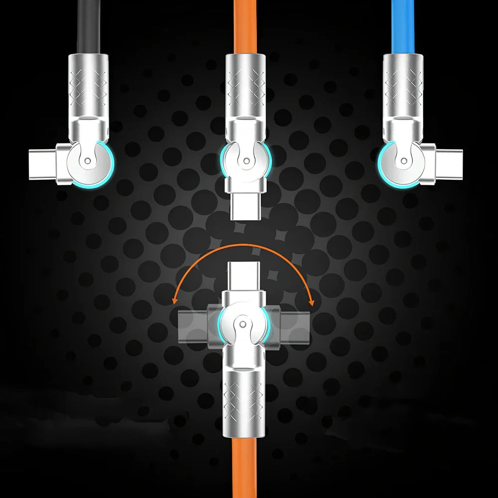 Rotating Type C data cable with 360-degree swivel connector in blue colour showing flexible silicone construction