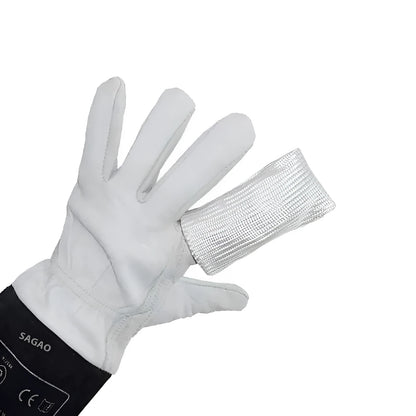 Glass fiber TIG welder finger cots with fiberglass lining, anti-scalding, in Large XL and Small L sizes.