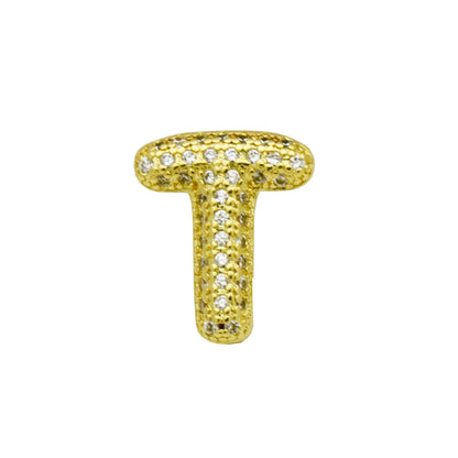 Retro style copper bracelet with English letter charm featuring micro inlaid zirconium stones in gold plating