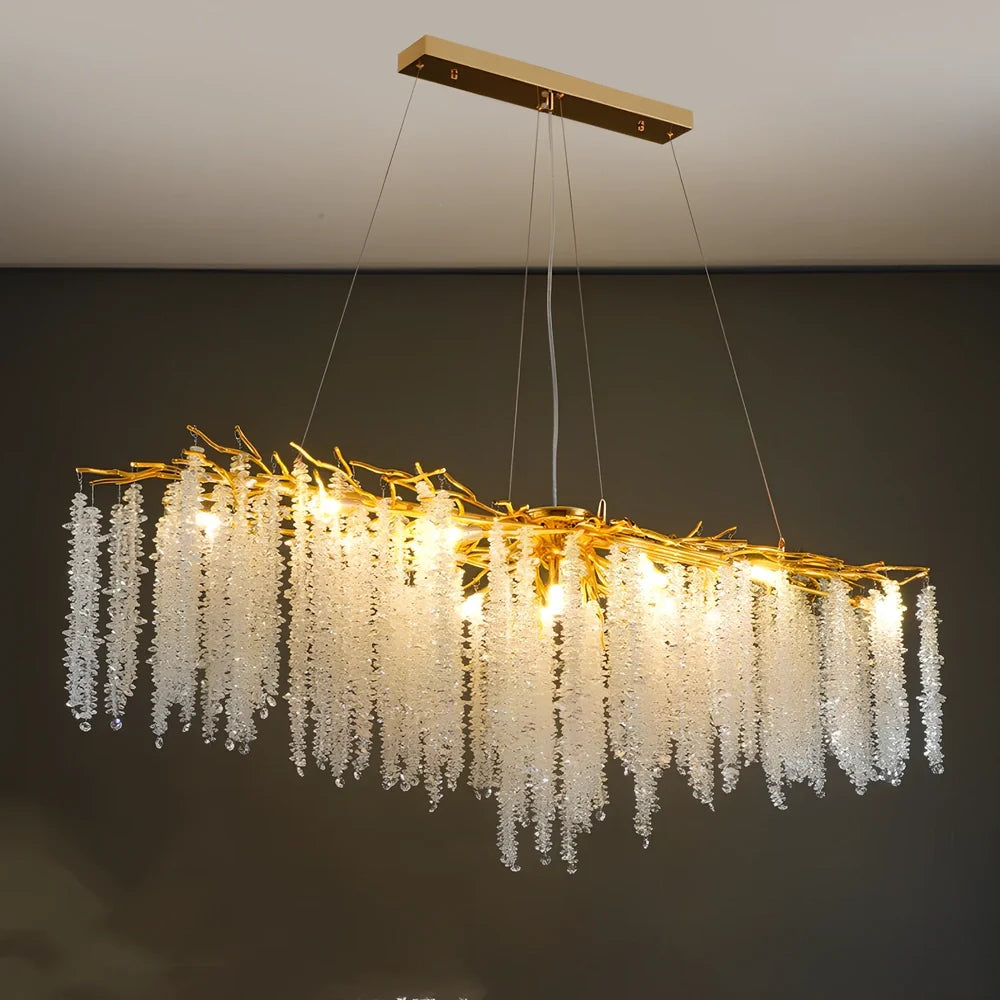 Villa crystal chandelier with adjustable height and LED lighting in multiple size options