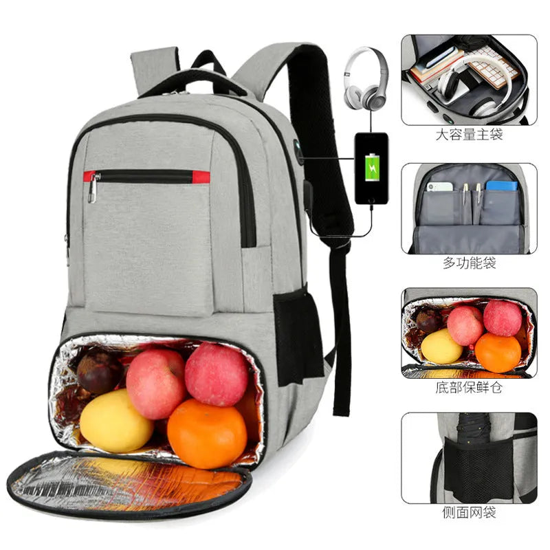 Oxford cloth insulated backpack in light grey with curved shoulder straps and dry-wet separation compartments