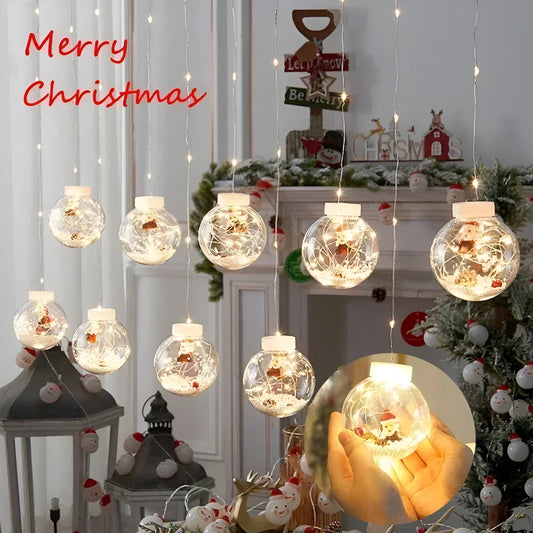 Christmas curtain light set with 10 fairy ball lamps showing snowman, wishing ball and Christmas tree designs