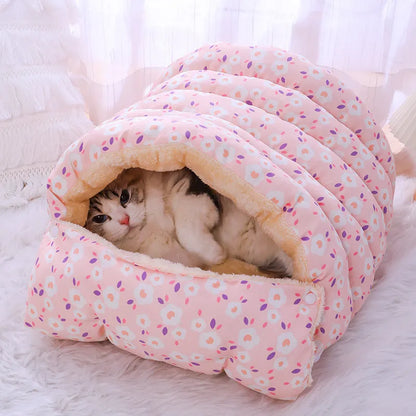 Closed winter cat nest with floral pattern, showing removable design and soft cloth fabric.