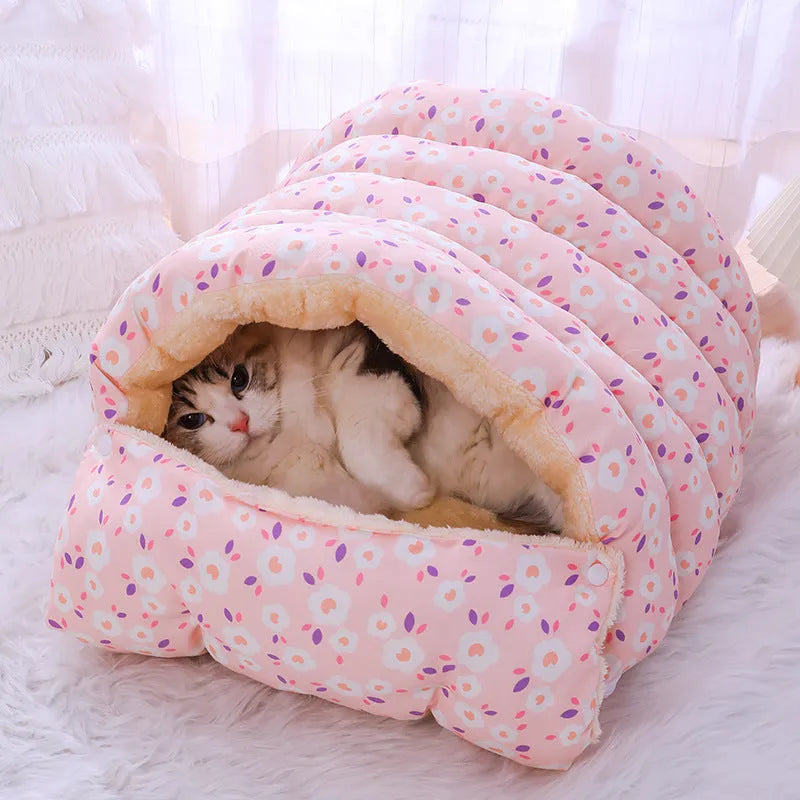 Winter closed cat nest warm removable pet bed for indoor cats, cosy enclosed cat cage bed in M or S size with floral pattern options pink small flower, small blue flowers, or yellow small flower