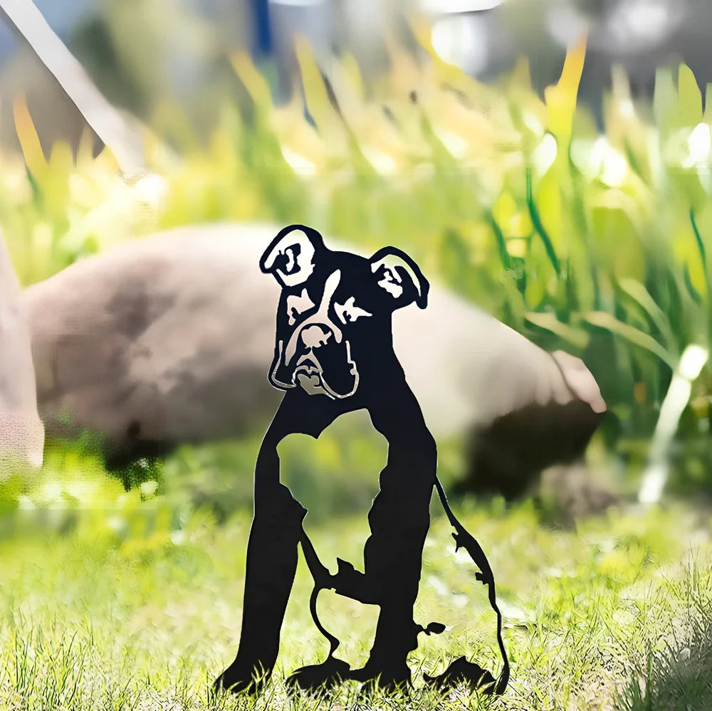 Metal dog silhouette garden decoration showing breed outline on iron background for outdoor display