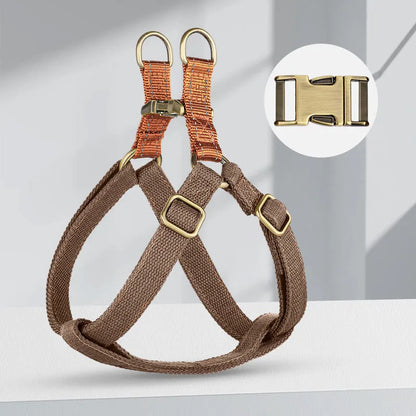 Brown vest-style dog leash with chest harness and alloy fastener on a dog.