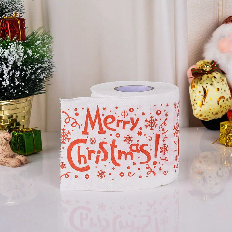 Christmas-themed toilet paper roll with Santa Claus and festive designs
