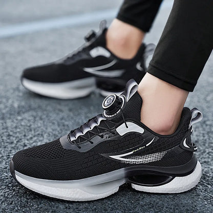 Men's low-top white running shoe with a rotating buckle closure and mesh upper.