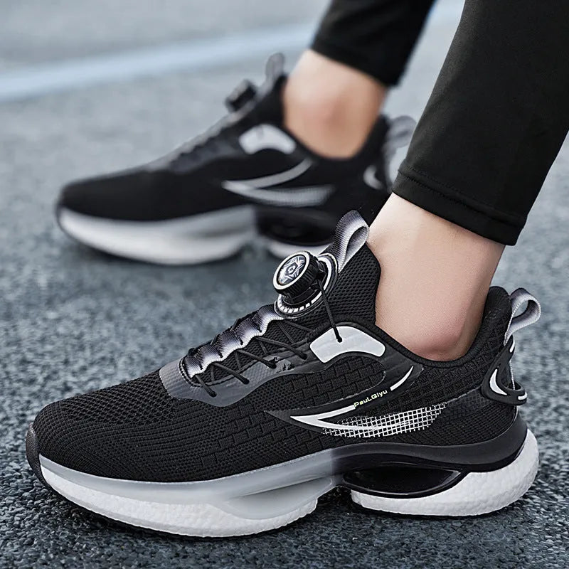 Running shoes for men, youth sports trainers with rotating buckle fastening, low-top mesh upper for breathability in white, beige, black or grey, Korean style casual sneakers for summer, spring and autumn.