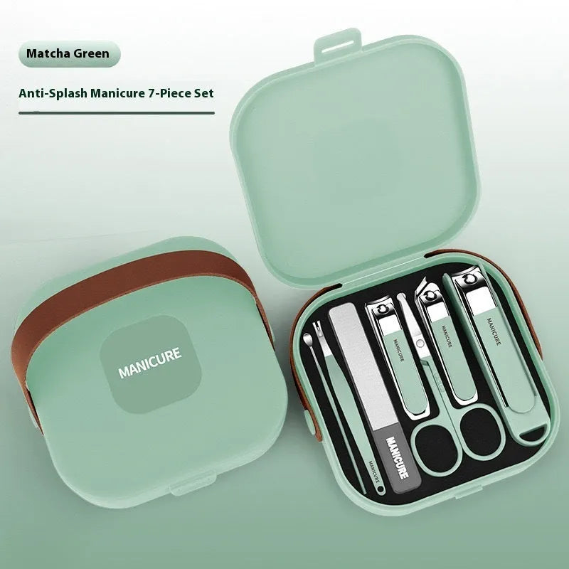 Anti-splash portable nail maintenance kit with stainless steel tools in brown plastic case