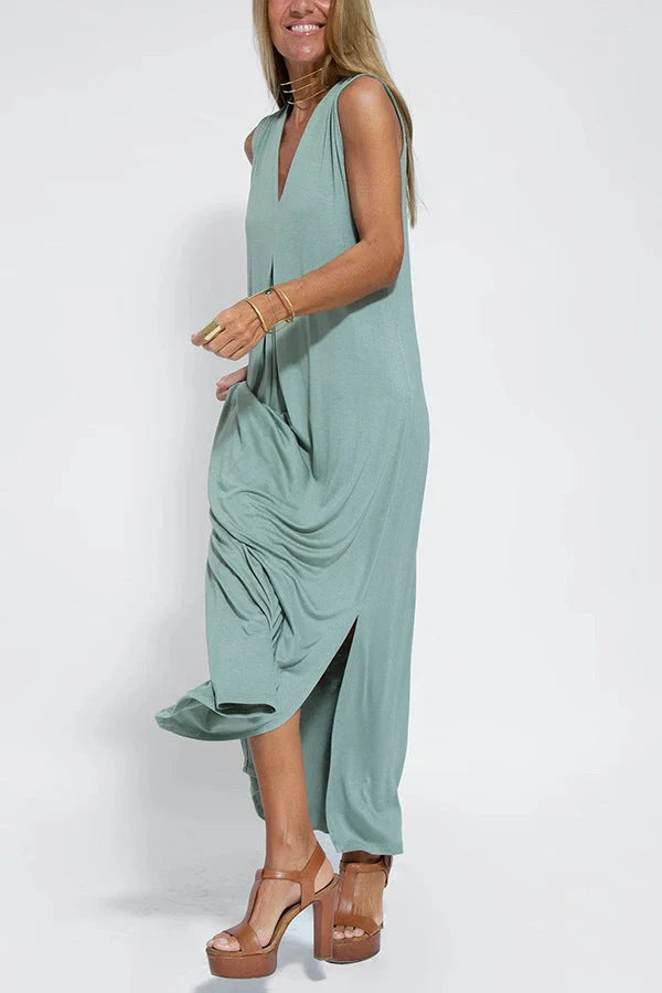 Women's V-neck sleeveless dress and long cardigan jacket set in solid colors