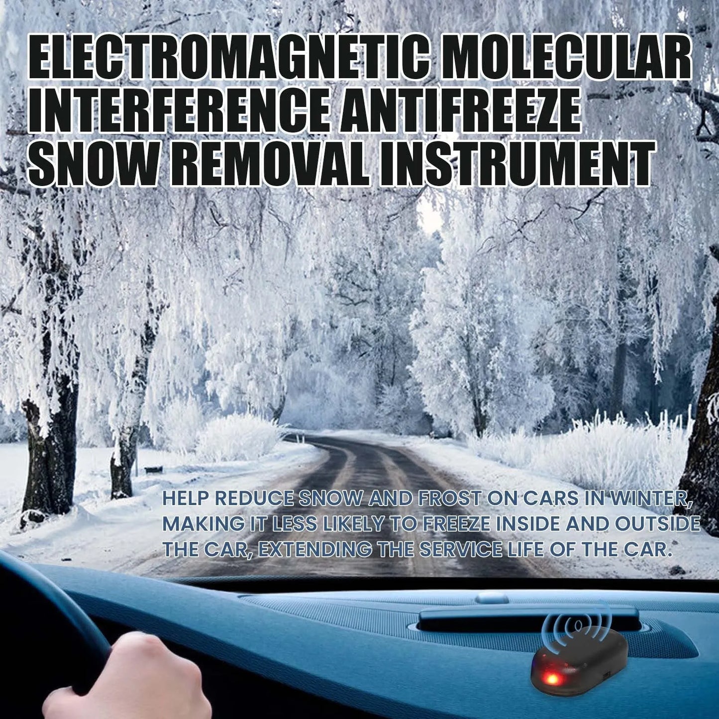 Black car deicer tool for snow removal measuring 5cm long on vehicle dashboard