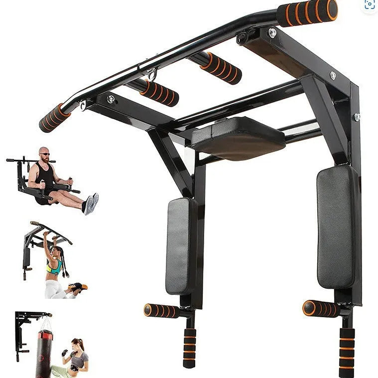 Black wall-mounted fitness station with sandbag rack and parallel bars measuring 77cm wide by 47cm high