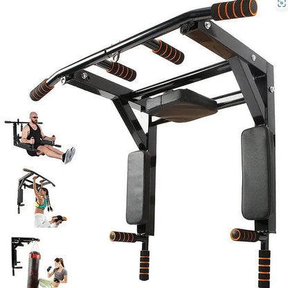 Black wall-mounted fitness station with sandbag rack and parallel bars measuring 77cm wide by 47cm high