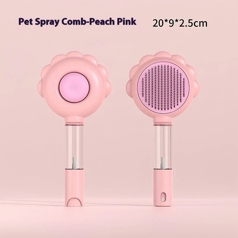 A versatile pet grooming brush with a built-in spray function for efficient hair removal and a calming grooming experience